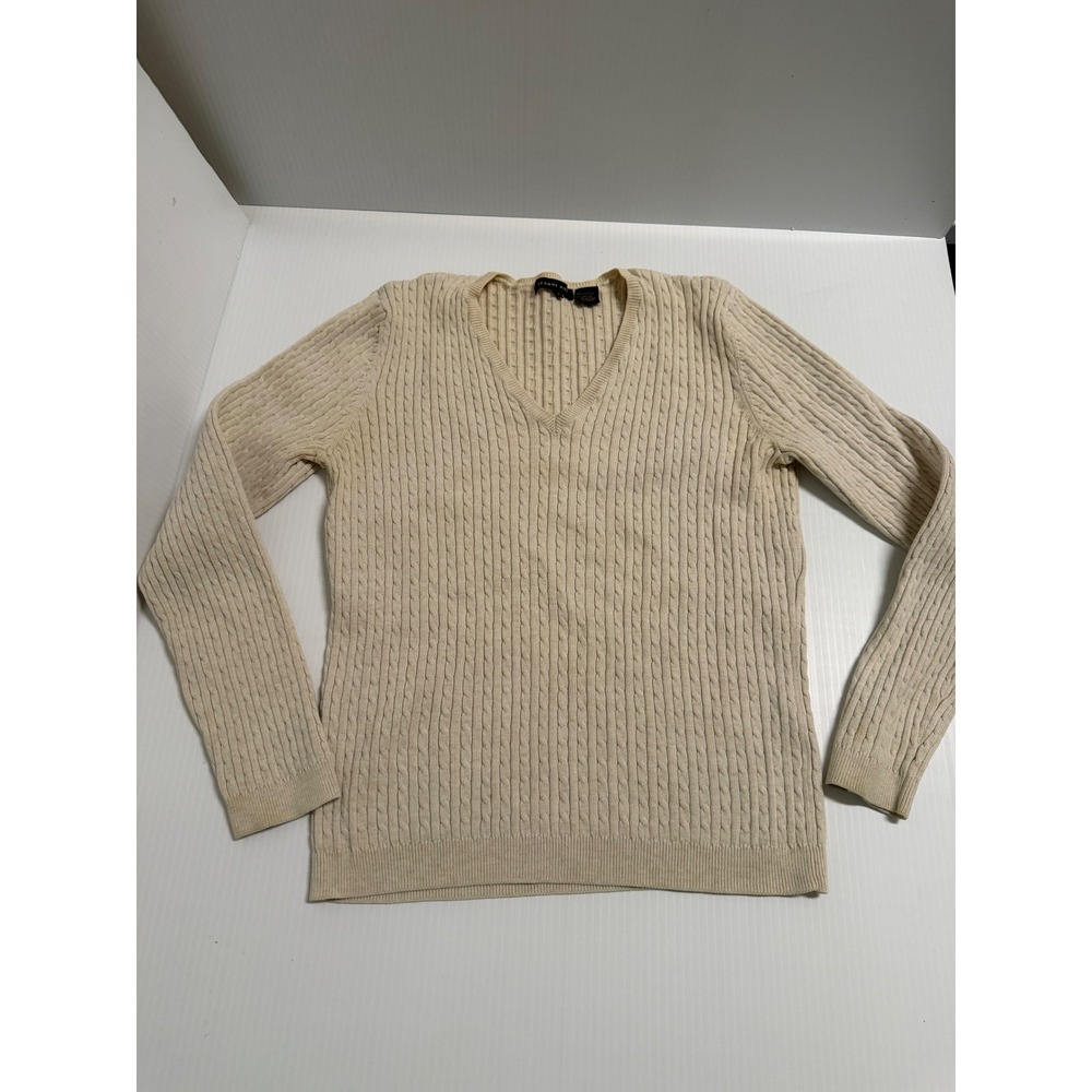Jeanne Pierre Cream Cable Knit V-Neck Sweater Cotton Blend Long Sleeve Womens M
